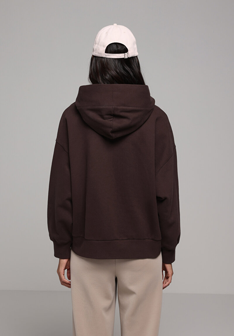 Relax Fit Kapüşonlu Düz Kadın Kahverengi Sweatshirt
