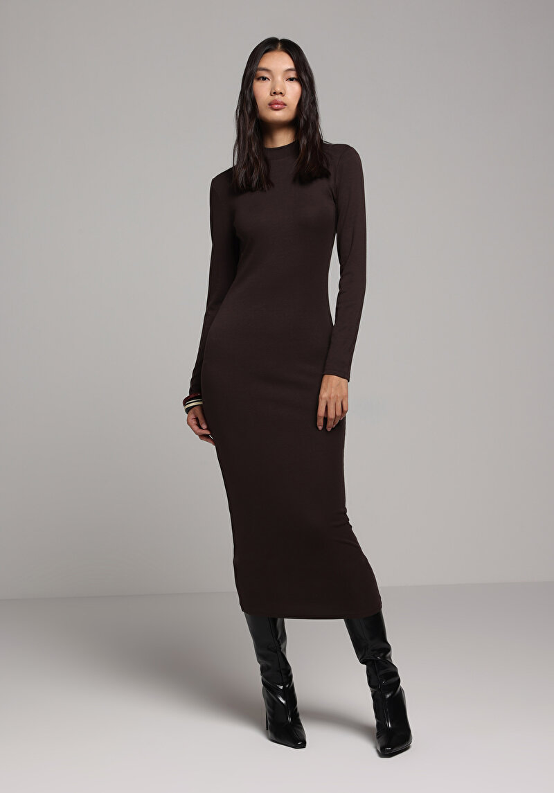 Slim Fit Düz Kadın Kahverengi Uzun Kol Elbise