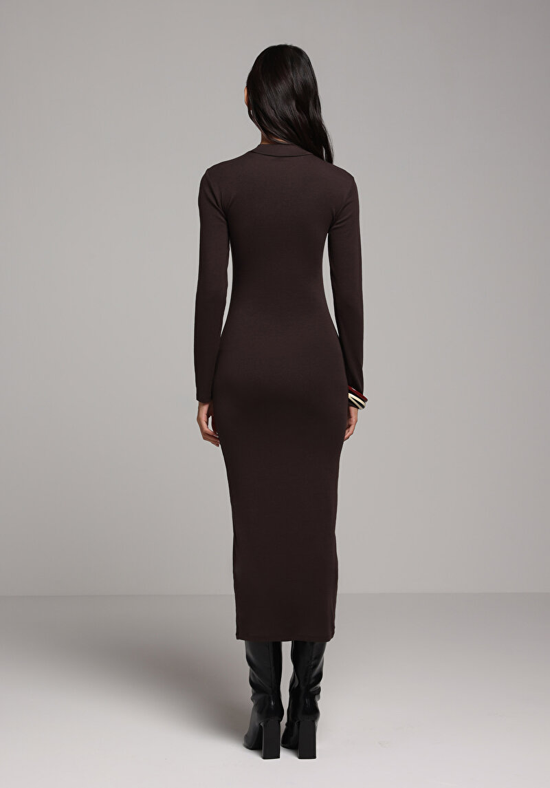 Slim Fit Düz Kadın Kahverengi Uzun Kol Elbise