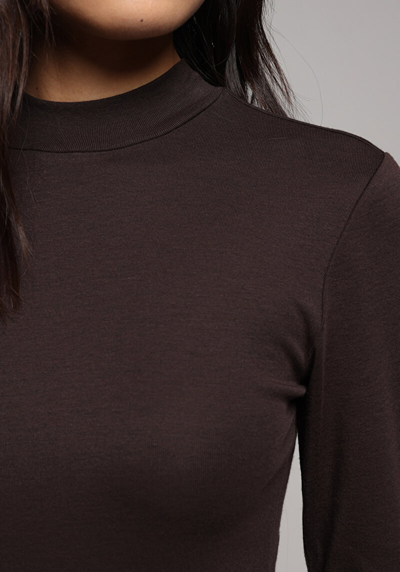 Slim Fit Düz Kadın Kahverengi Uzun Kol Elbise