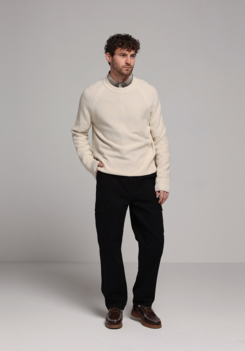 Regular Fit Yuvarlak Yaka Jakarlı Erkek Ekru Kazak