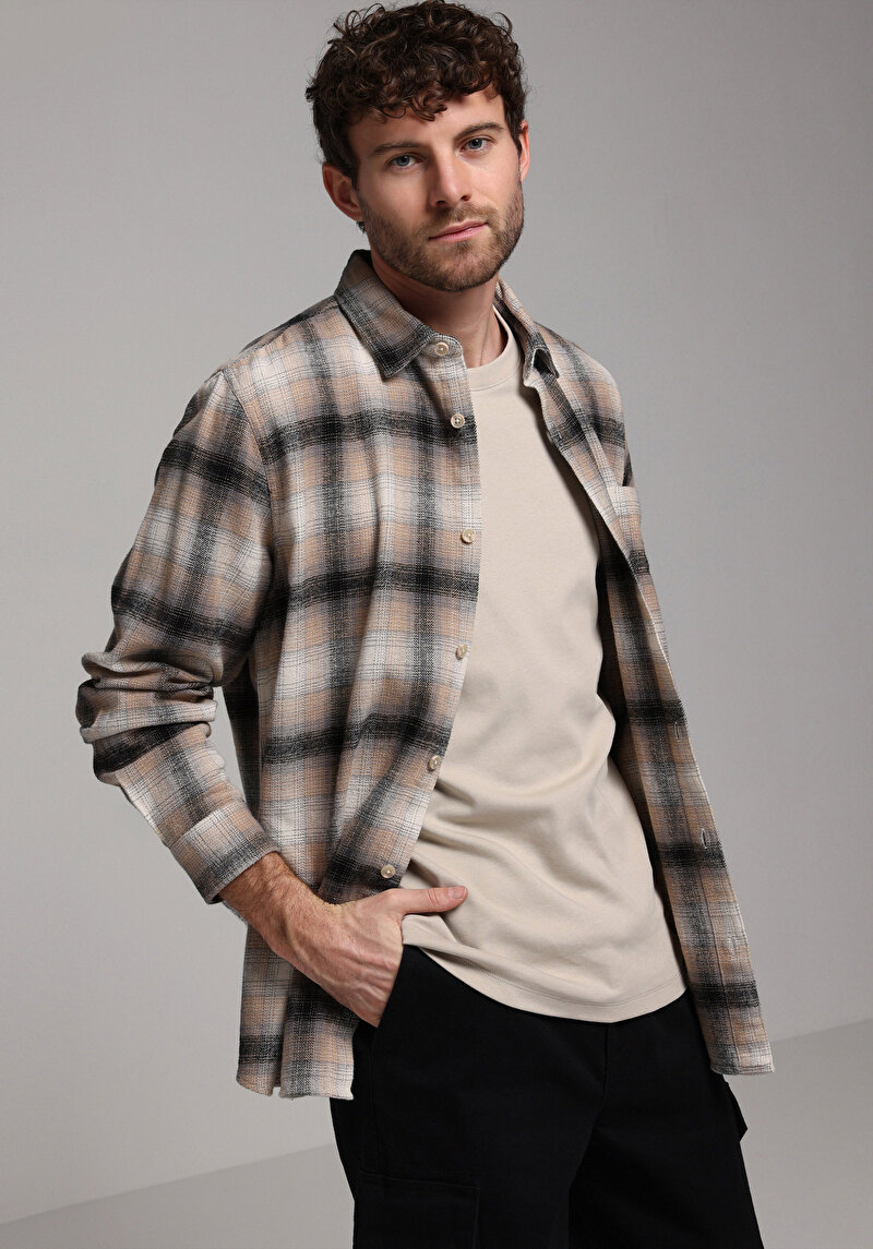 Comfort Fit Shirt Neck Ekoseli Erkek Bej Uzun Kol Gömlek