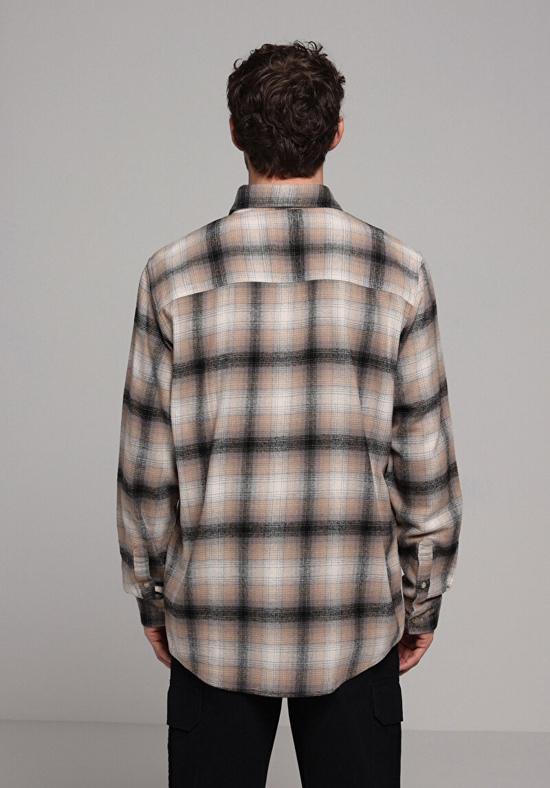 Comfort Fit Shirt Neck Ekoseli Erkek Bej Uzun Kol Gömlek