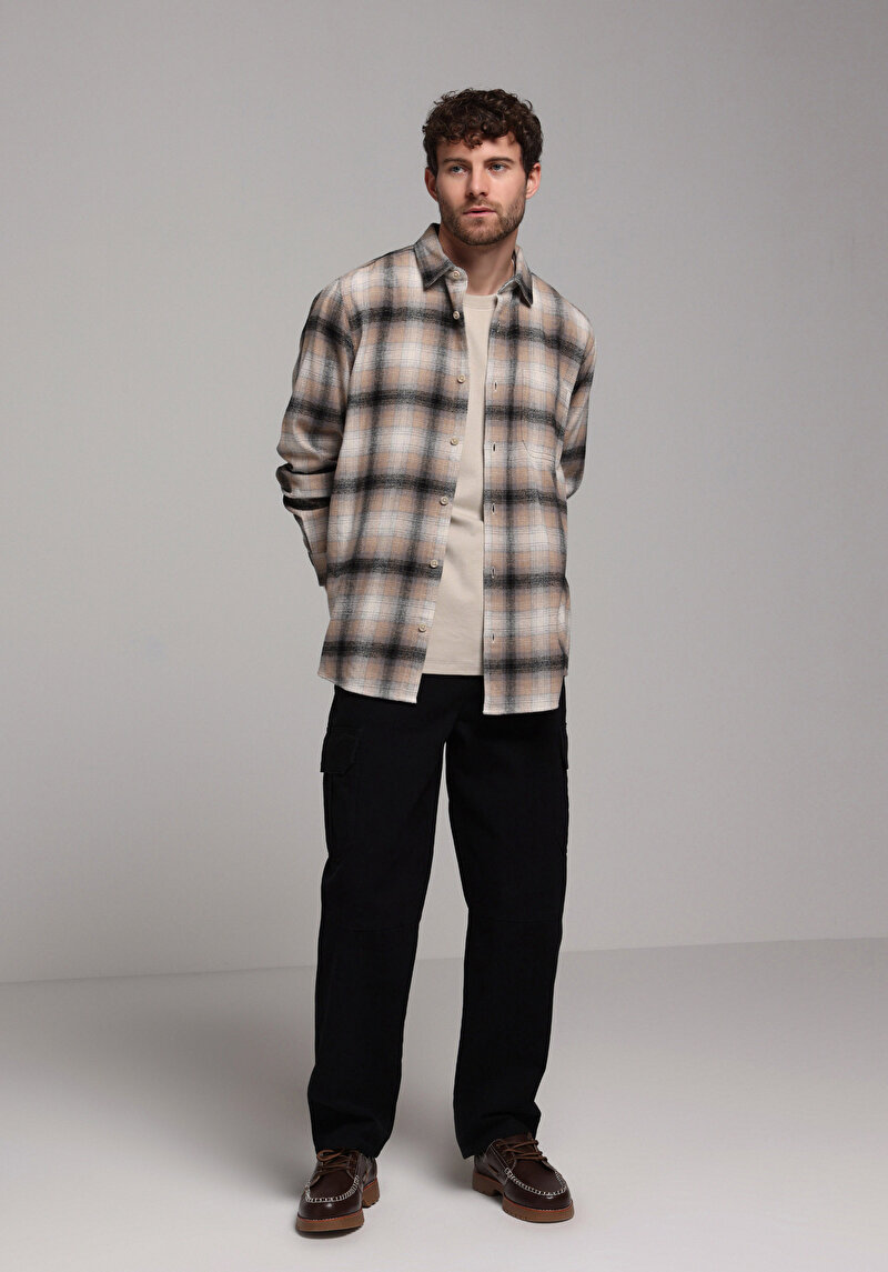 Comfort Fit Shirt Neck Ekoseli Erkek Bej Uzun Kol Gömlek