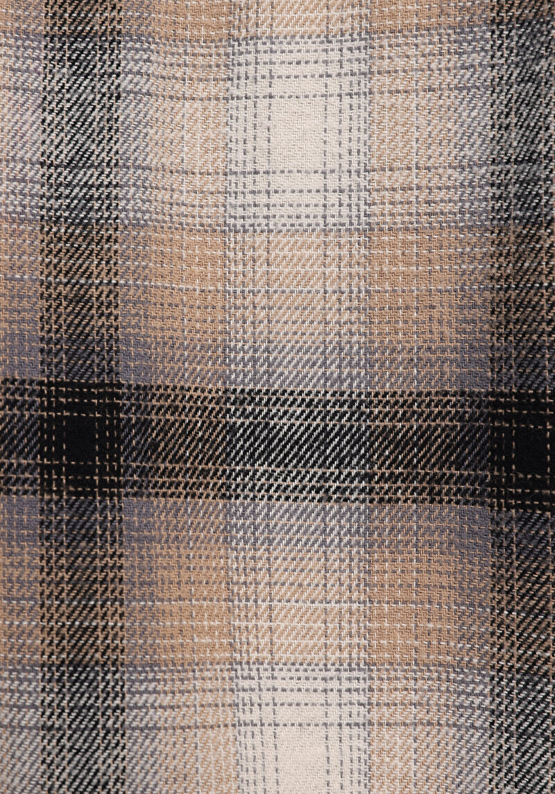 Comfort Fit Shirt Neck Ekoseli Erkek Bej Uzun Kol Gömlek