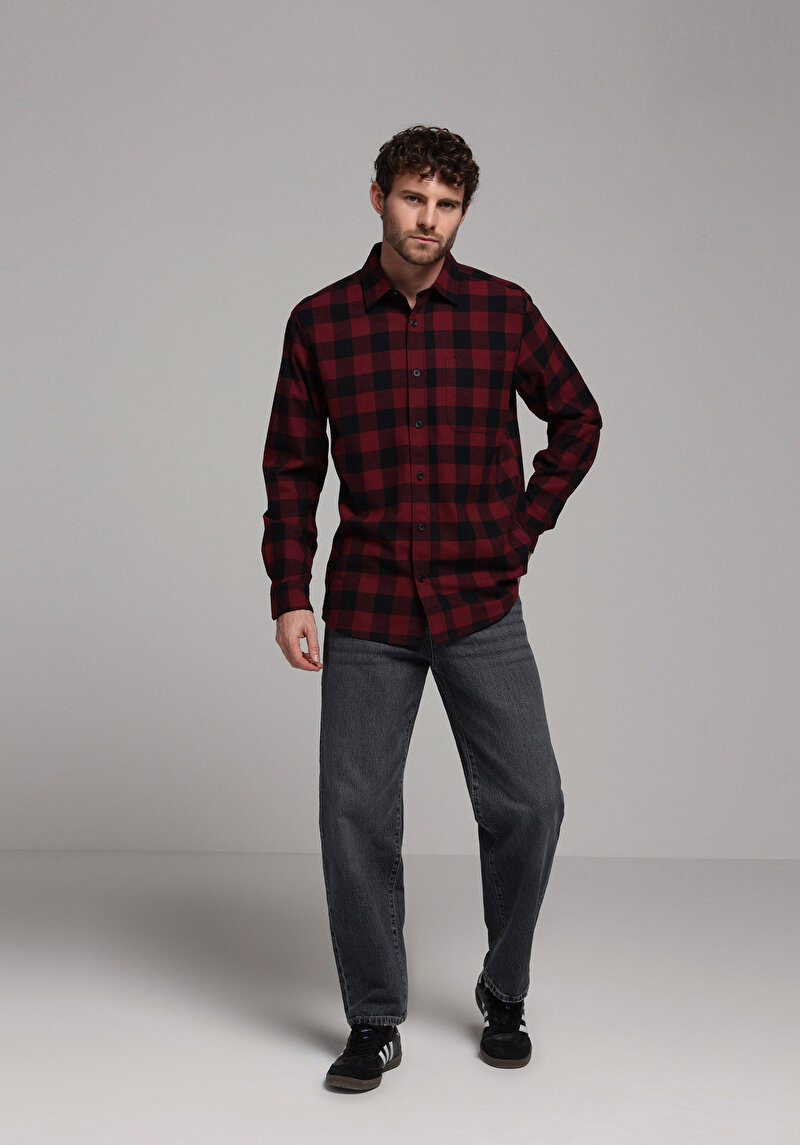 Regular Fit Shirt Neck Kareli Erkek Bordo Uzun Kol Gömlek