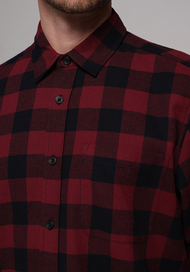 Regular Fit Shirt Neck Kareli Erkek Bordo Uzun Kol Gömlek