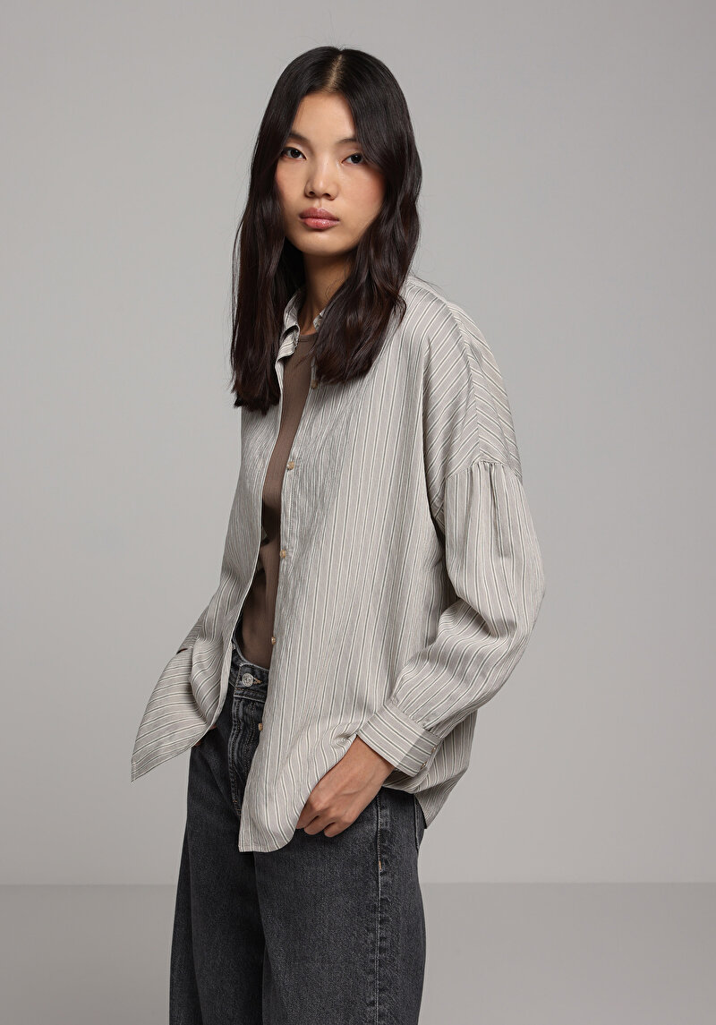 Fashion Fit Shirt Neck Çizgili Kadın Bej Uzun Kol Gömlek