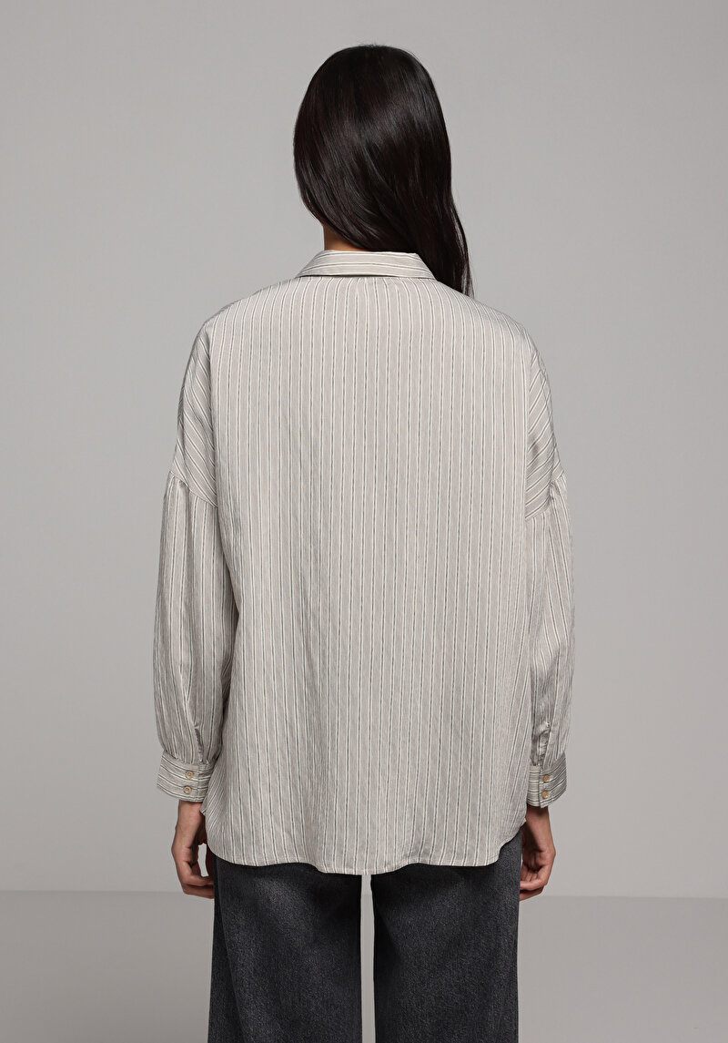 Fashion Fit Shirt Neck Çizgili Kadın Bej Uzun Kol Gömlek