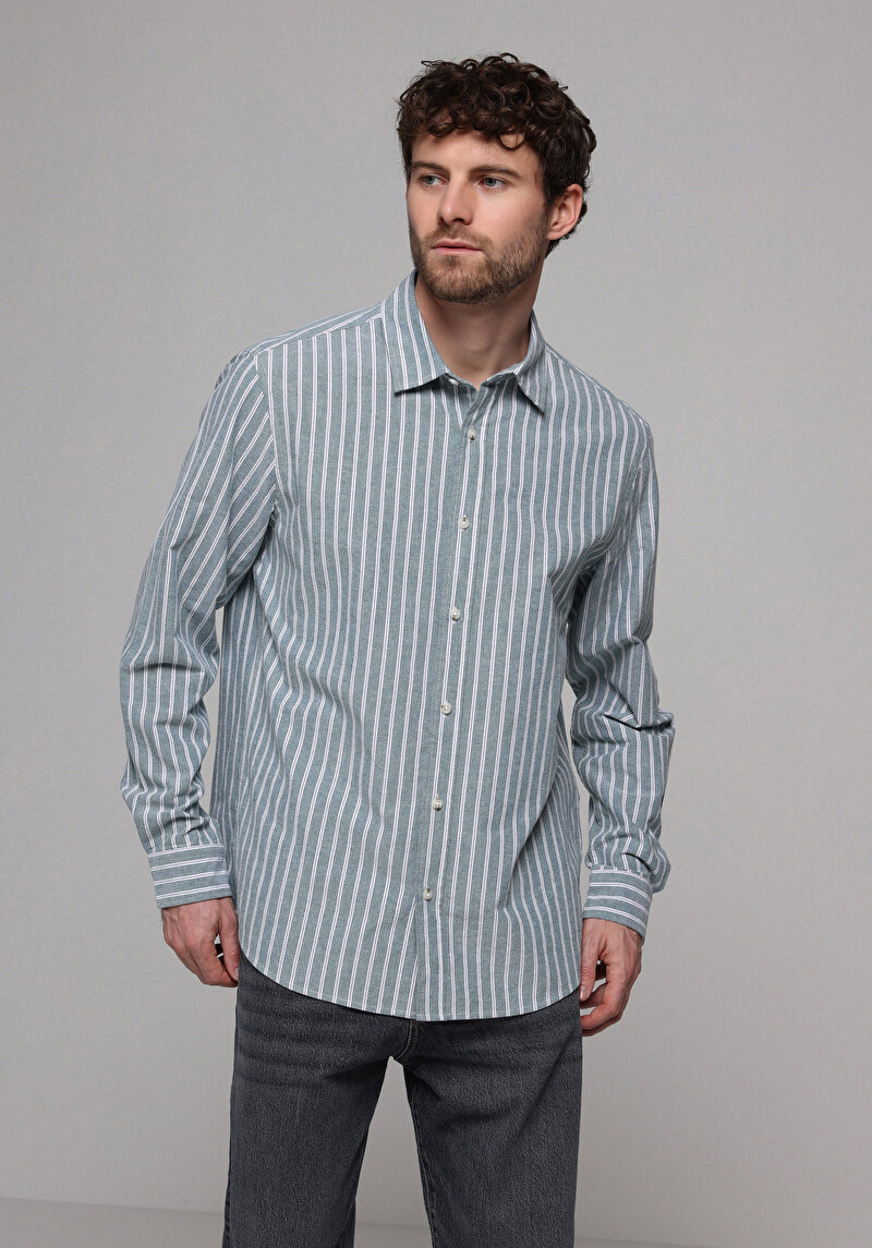 Regular Fit Shirt Neck Çizgili Erkek Yeşil Uzun Kol Gömlek