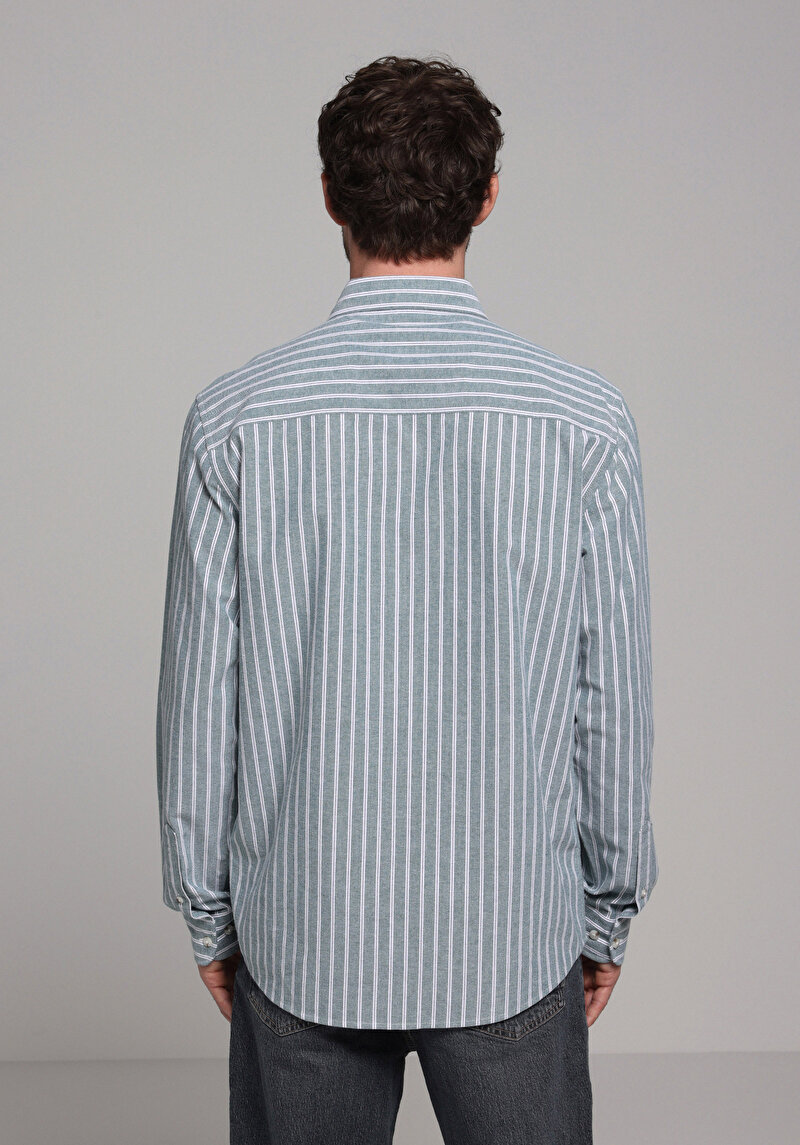 Regular Fit Shirt Neck Çizgili Erkek Yeşil Uzun Kol Gömlek