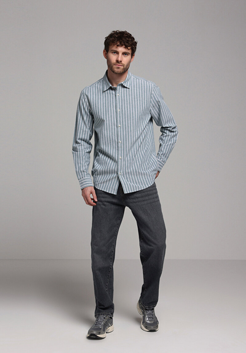 Regular Fit Shirt Neck Çizgili Erkek Yeşil Uzun Kol Gömlek