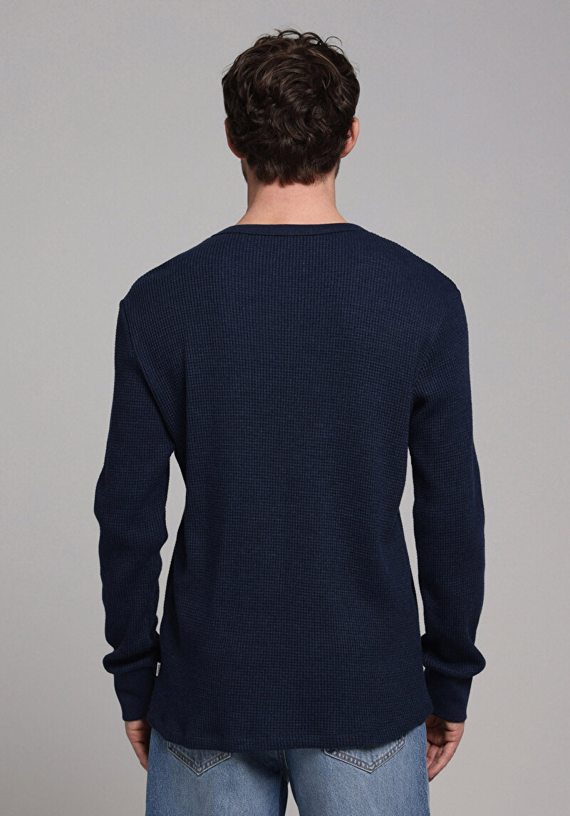 Regular Fit Yuvarlak Yaka Düz Erkek Mavi Uzun Kol Tişört