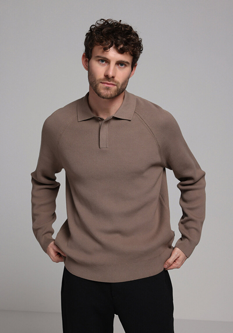 Regular Fit Polo Yaka Jakarlı Erkek Gri Kazak