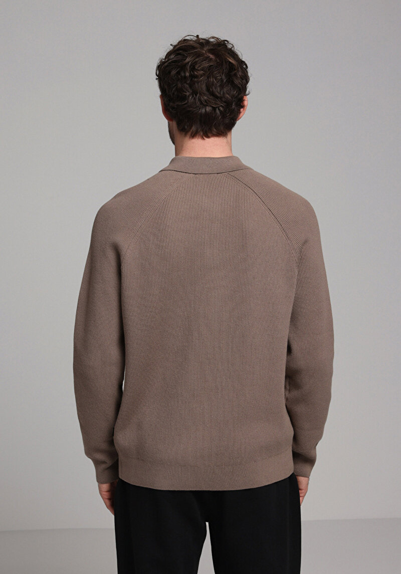 Regular Fit Polo Yaka Jakarlı Erkek Gri Kazak