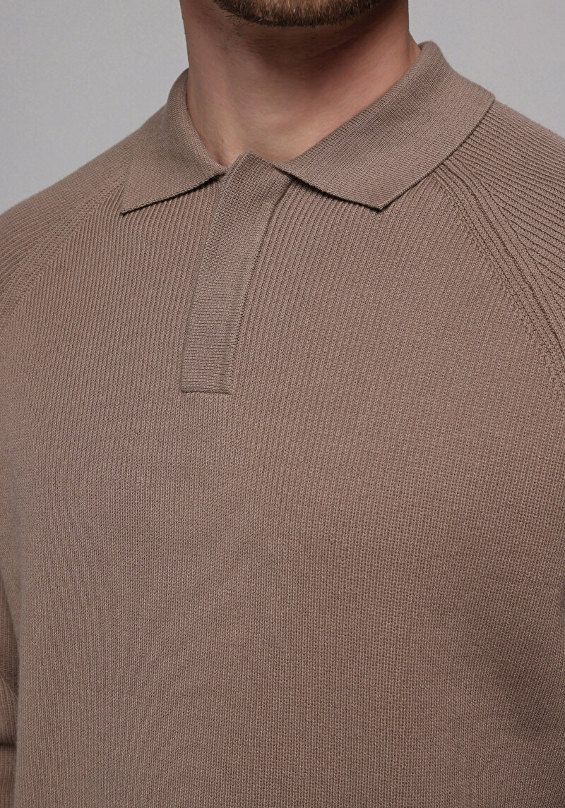 Regular Fit Polo Yaka Jakarlı Erkek Gri Kazak