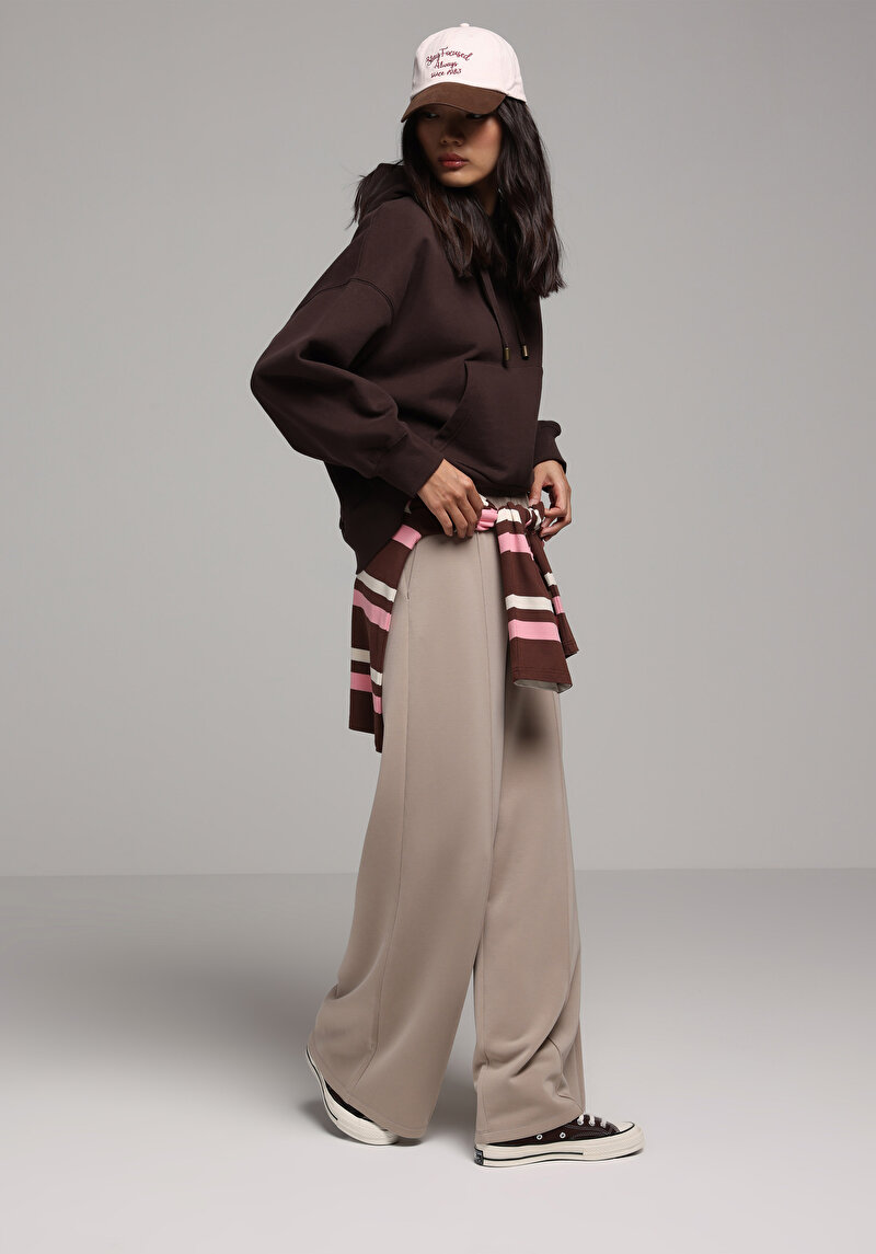 Regular Fit Orta Bel Düz Kadın Bej Eşofman Altı