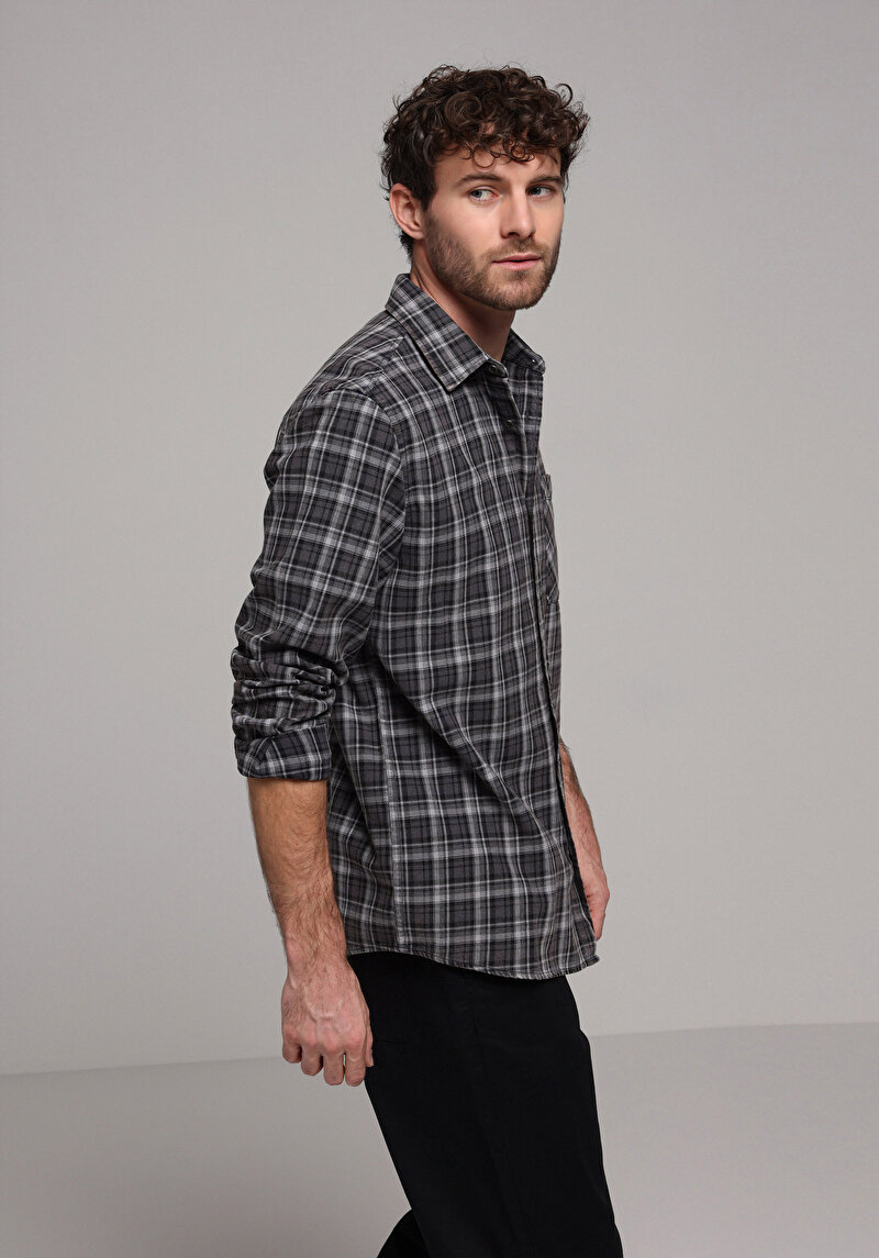 Regular Fit Shirt Neck Ekoseli Erkek Gri Uzun Kol Gömlek
