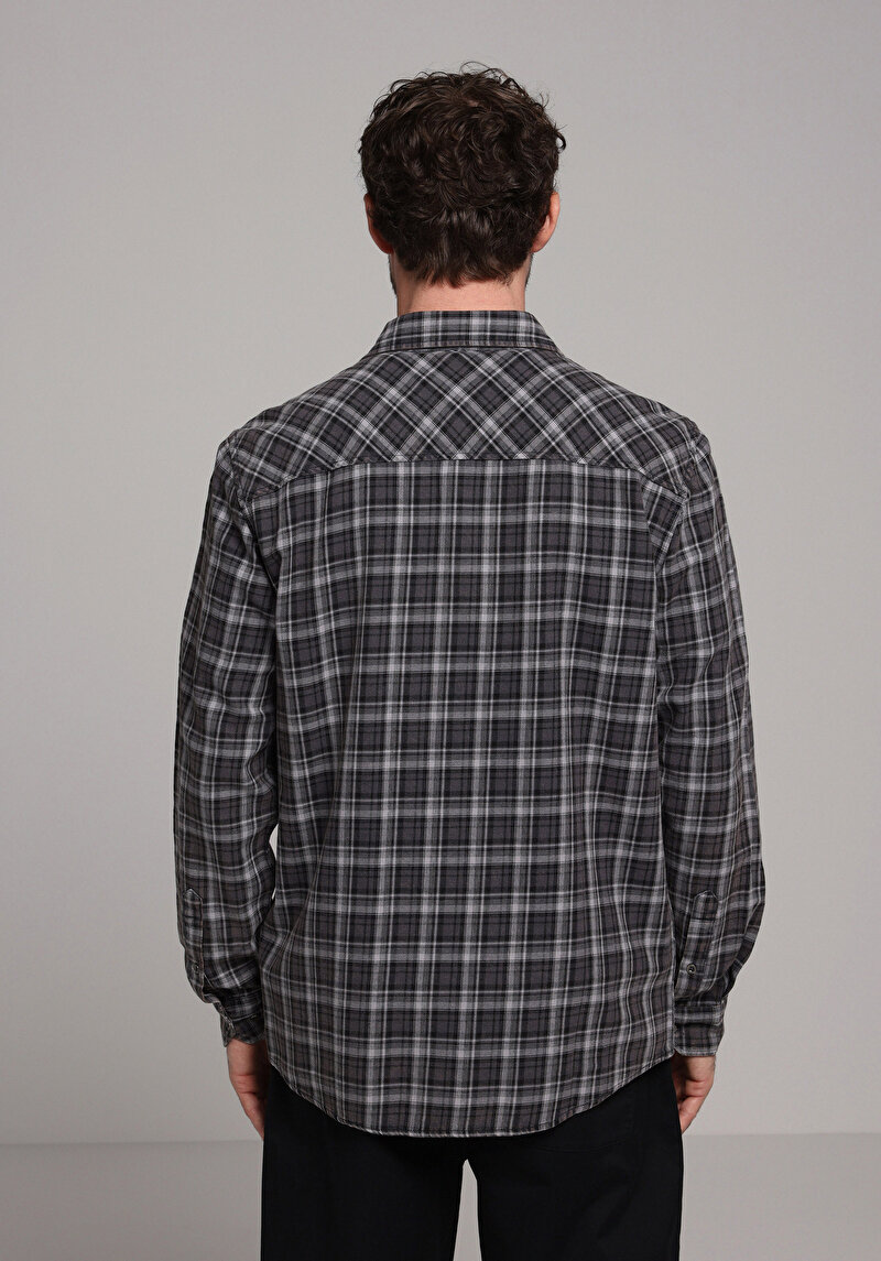 Regular Fit Shirt Neck Ekoseli Erkek Gri Uzun Kol Gömlek