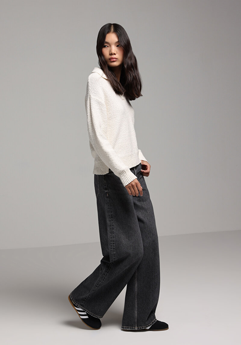 Regular Fit Polo Yaka Düz Kadın Beyaz Kazak