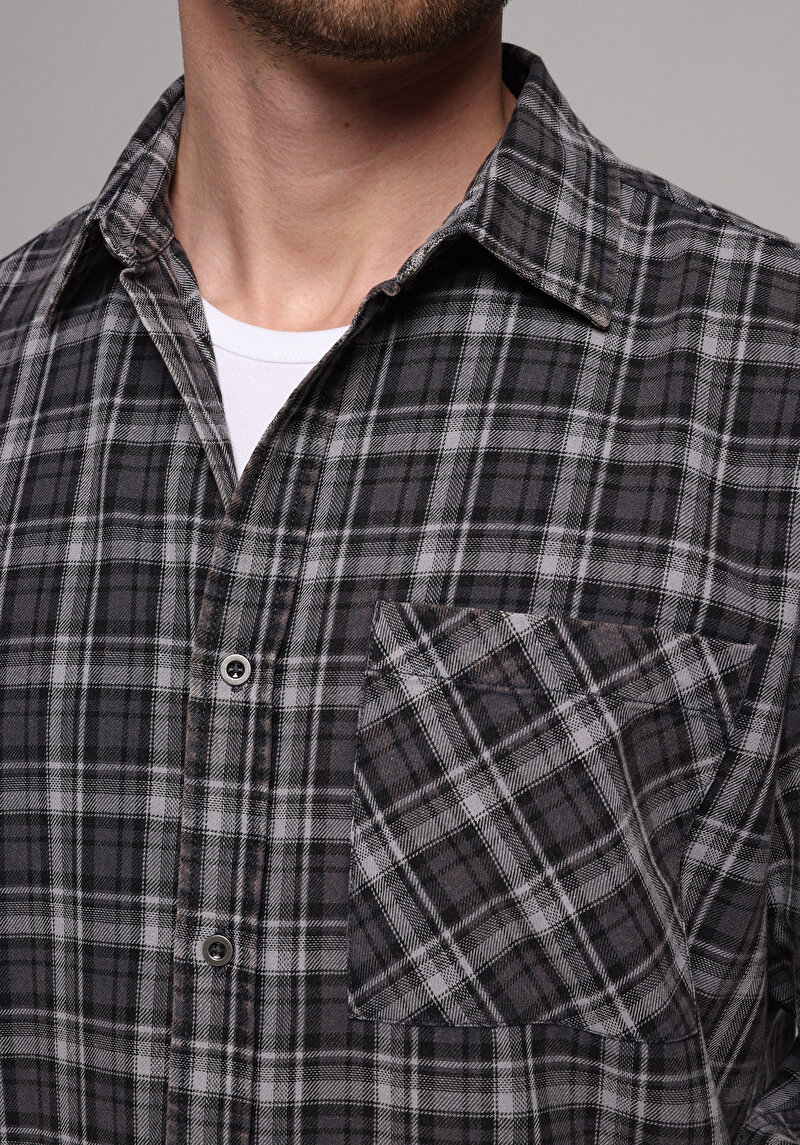 Regular Fit Shirt Neck Ekoseli Erkek Gri Uzun Kol Gömlek