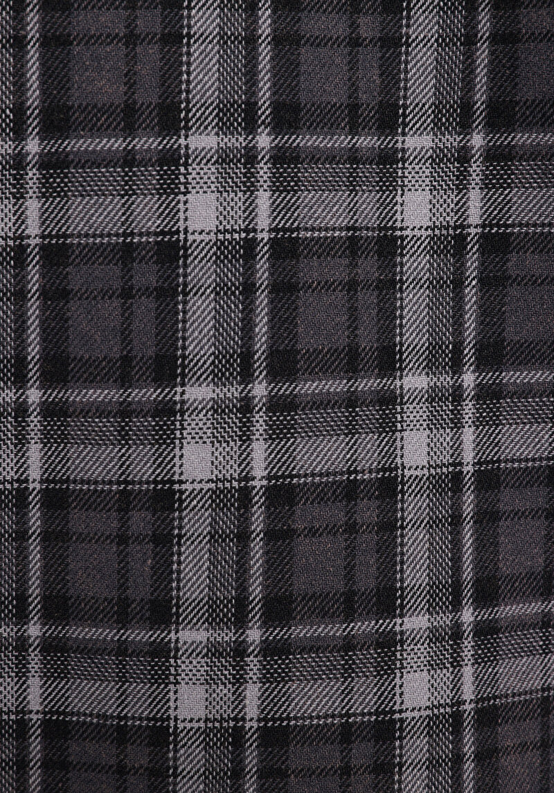 Regular Fit Shirt Neck Ekoseli Erkek Gri Uzun Kol Gömlek