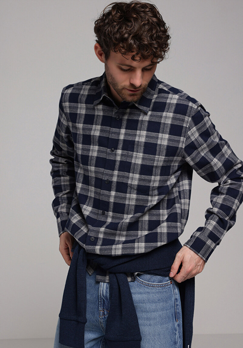 Regular Fit Shirt Neck Ekoseli Erkek Lacivert Uzun Kol Gömlek