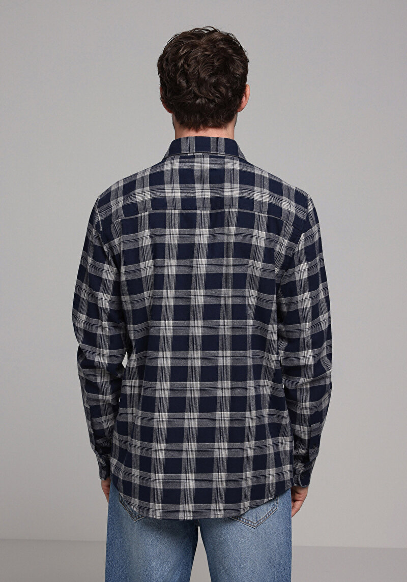 Regular Fit Shirt Neck Ekoseli Erkek Lacivert Uzun Kol Gömlek