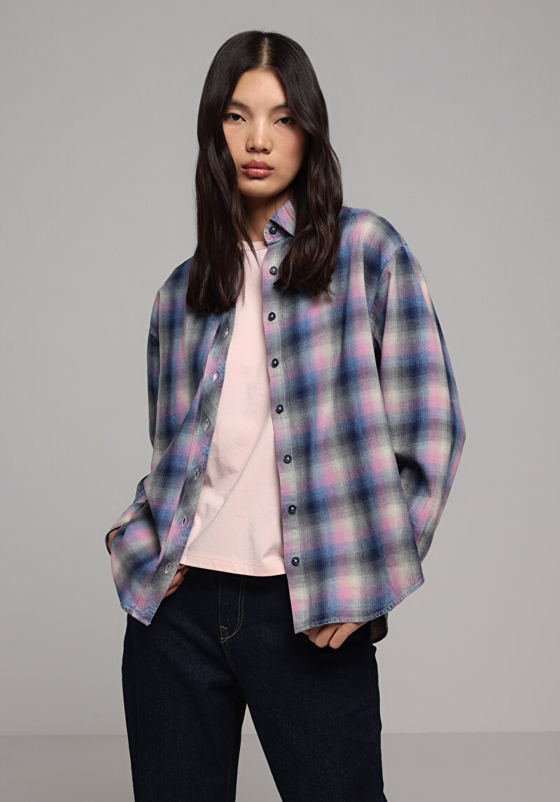 Boyfriend Fit Shirt Neck Ekoseli Kadın Mavi Uzun Kol Gömlek