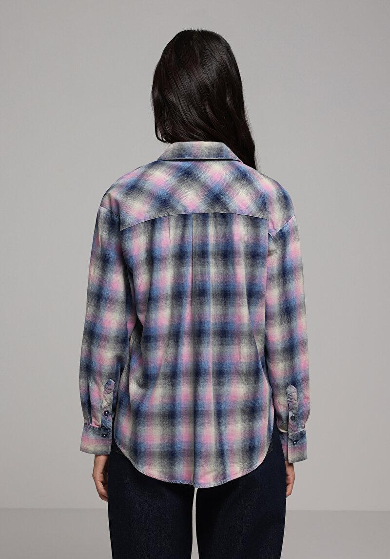 Boyfriend Fit Shirt Neck Ekoseli Kadın Mavi Uzun Kol Gömlek