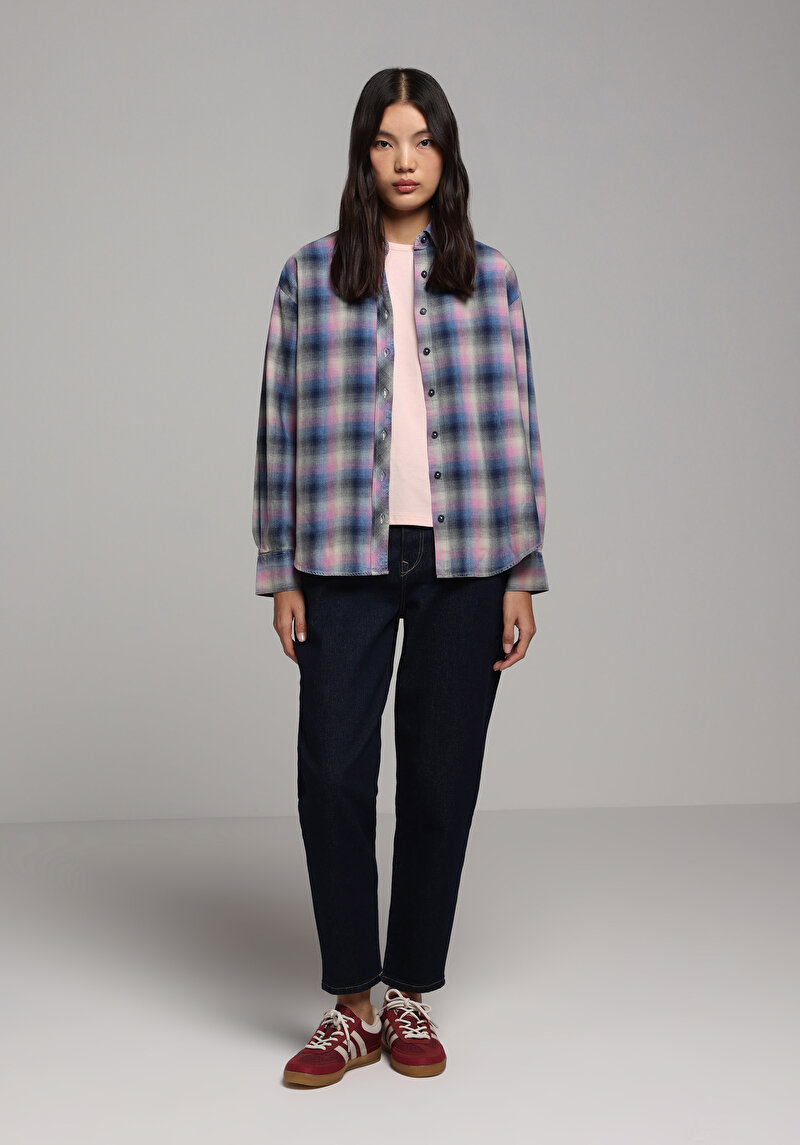 Boyfriend Fit Shirt Neck Ekoseli Kadın Mavi Uzun Kol Gömlek