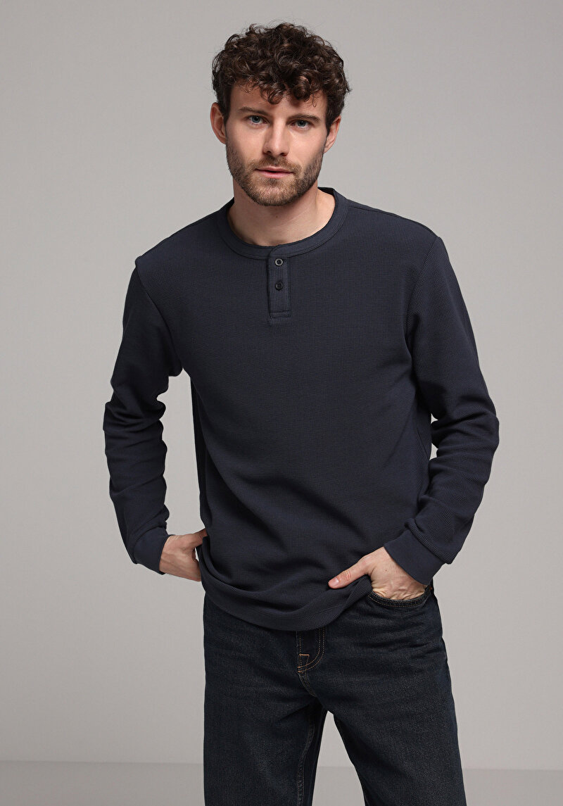 Regular Fit Düğmeli Yaka Düz Erkek Antrasit Uzun Kol Tişört