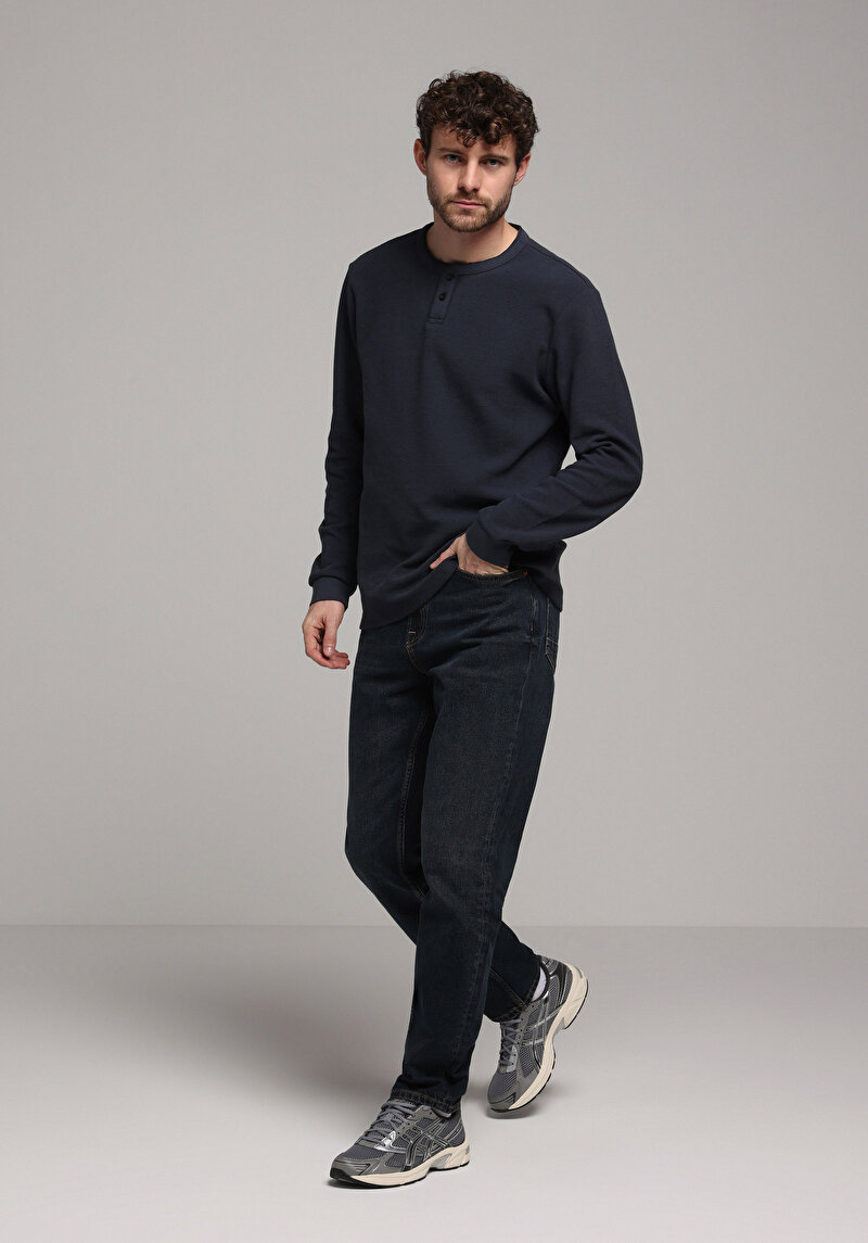 Regular Fit Düğmeli Yaka Düz Erkek Antrasit Uzun Kol Tişört