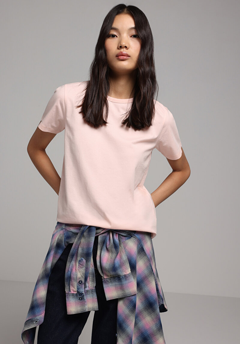 Regular Fit Yuvarlak Yaka Düz Kadın Pembe Kısa Kol Tişört