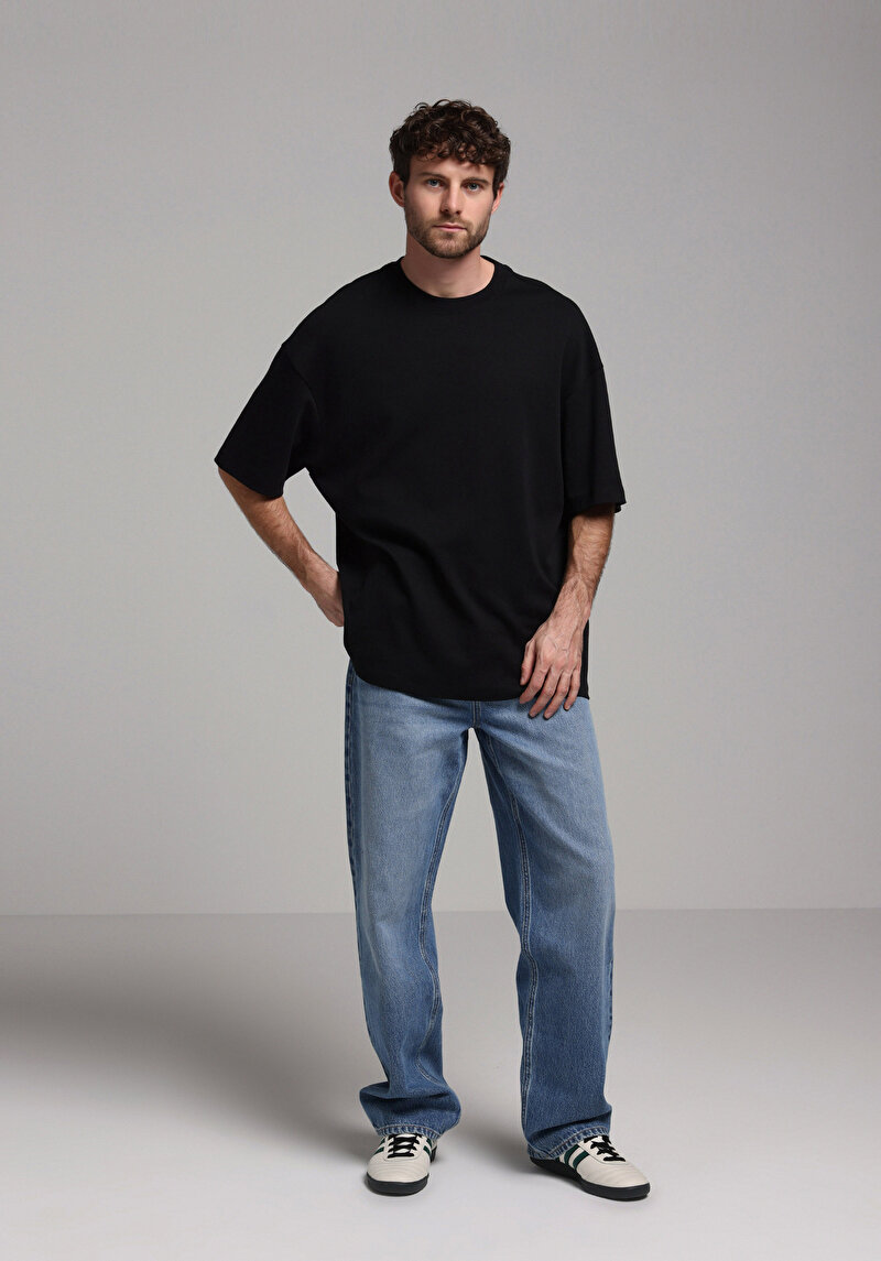 Relaxed Fit Orta Bel Bol Paça Erkek Mid İndigo Denim Jean Pantolon