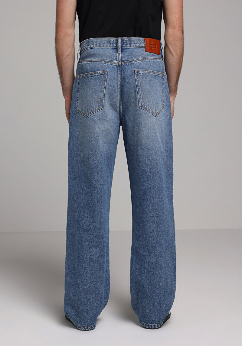 Relaxed Fit Orta Bel Bol Paça Erkek Mid İndigo Denim Jean Pantolon