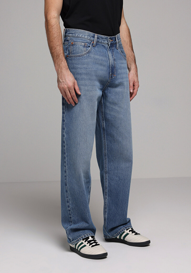 Relaxed Fit Orta Bel Bol Paça Erkek Mid İndigo Denim Jean Pantolon