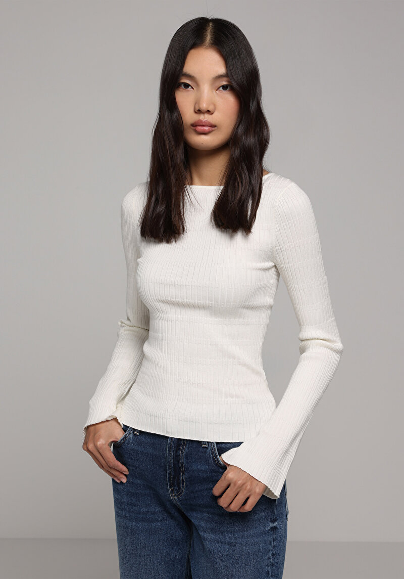 Slim Fit Kayık Yaka Düz Kadın Beyaz Kazak