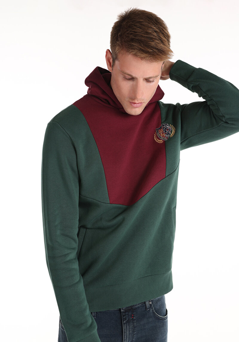 Regular Fit Kapüşonlu Düz Erkek Yeşil Sweatshirt