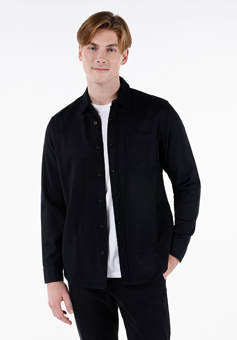 Regular Fit Shirt Neck Düz Erkek Siyah Uzun Kol Gömlek