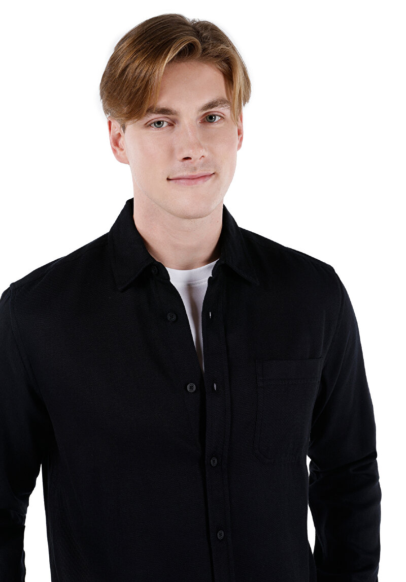 Regular Fit Shirt Neck Düz Erkek Siyah Uzun Kol Gömlek