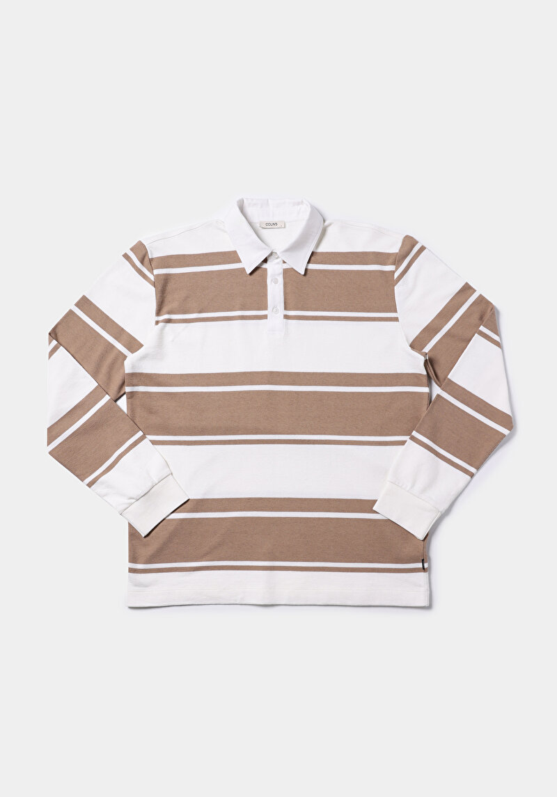 Comfort Fit Polo Yaka Çizgili Erkek Bej Uzun Kol Tişört