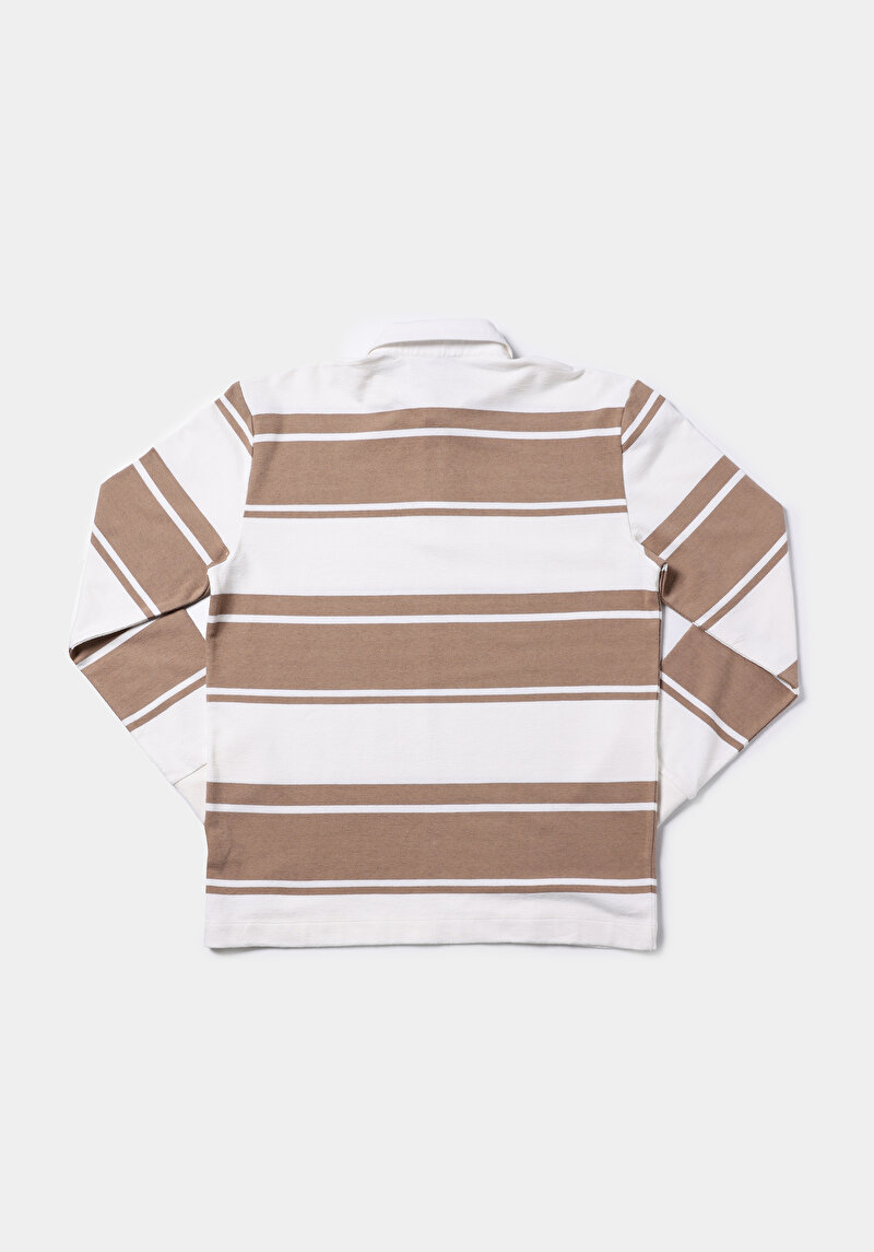 Comfort Fit Polo Yaka Çizgili Erkek Bej Uzun Kol Tişört