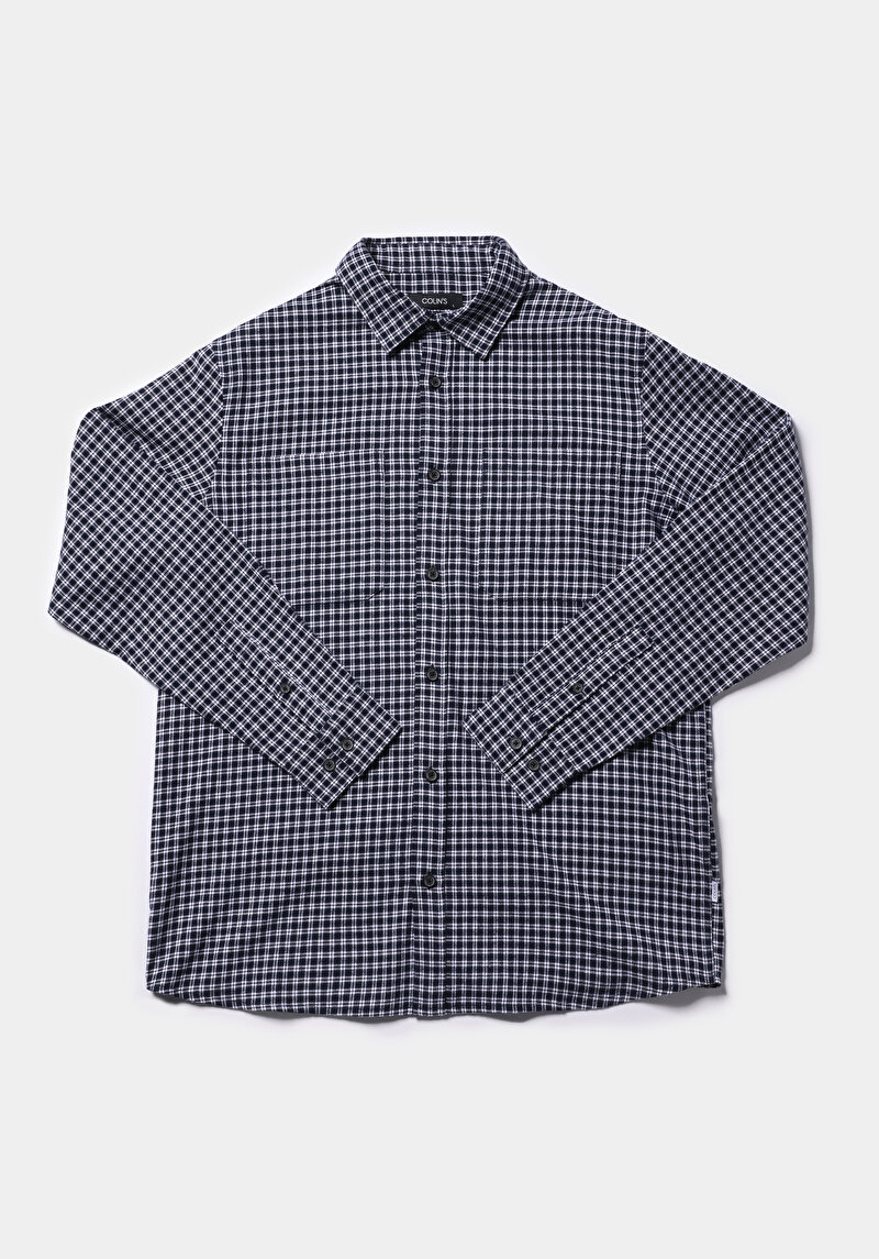 Comfort Fit Shirt Neck Ekoseli Erkek Lacivert Uzun Kol Gömlek