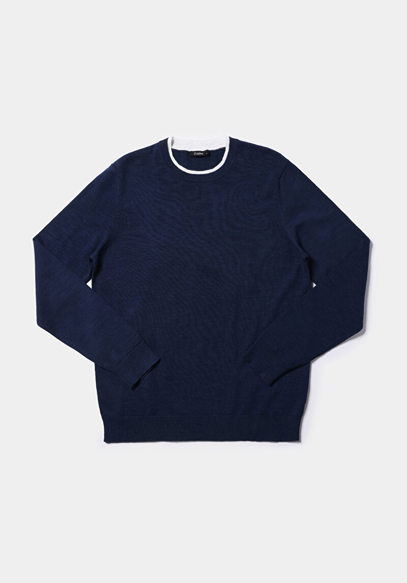 Regular Fit Yuvarlak Yaka Jakarlı Erkek Lacivert Kazak