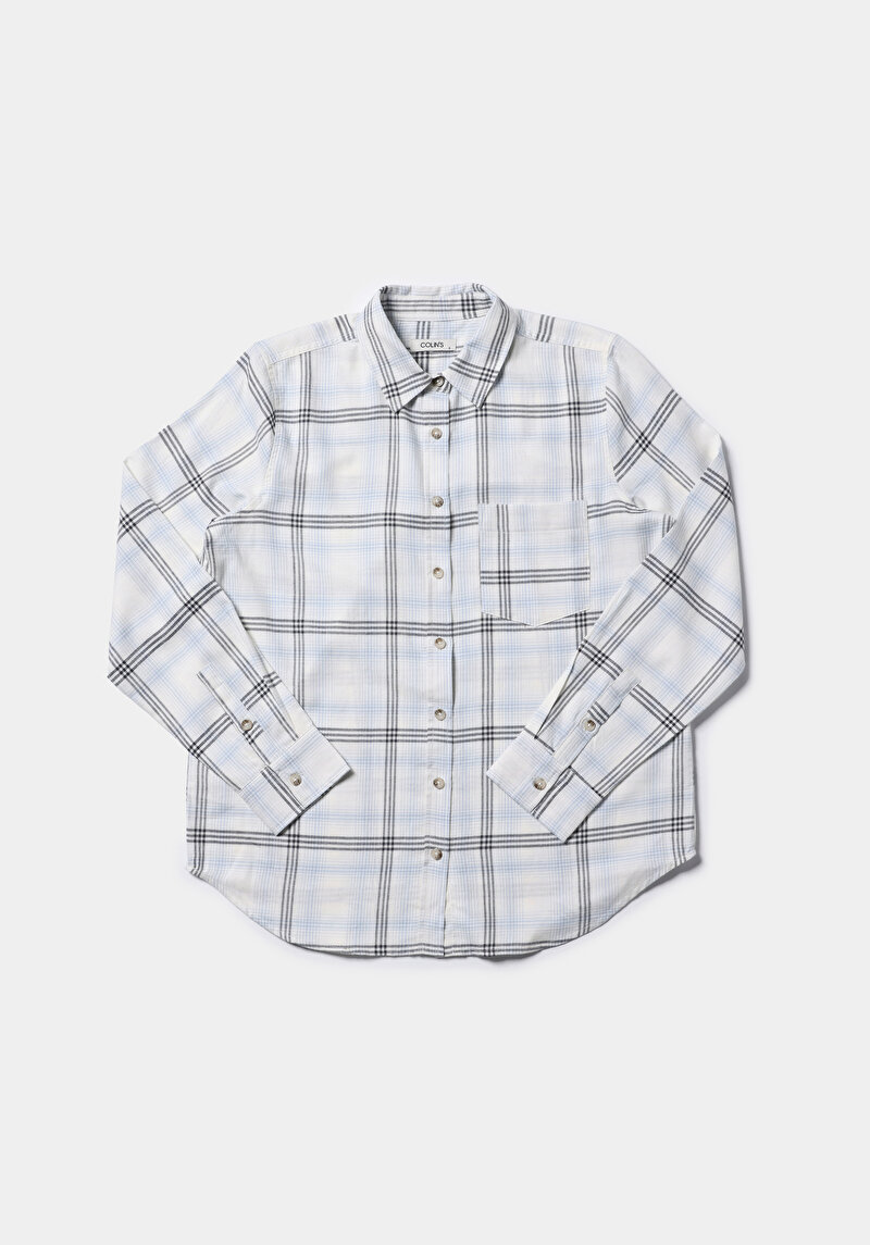 Regular Fit Shirt Neck Ekoseli Kadın Beyaz Uzun Kol Gömlek