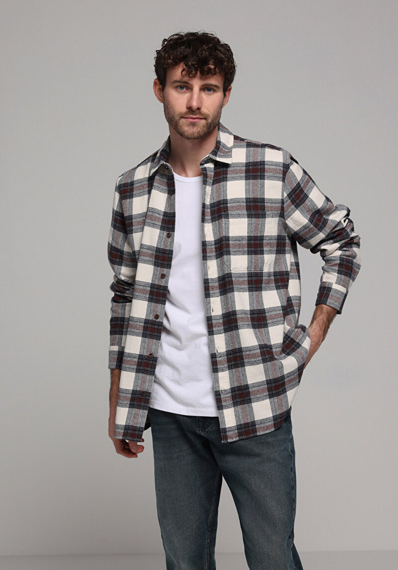 Comfort Fit Shirt Neck Ekoseli Erkek Bordo Uzun Kol Gömlek