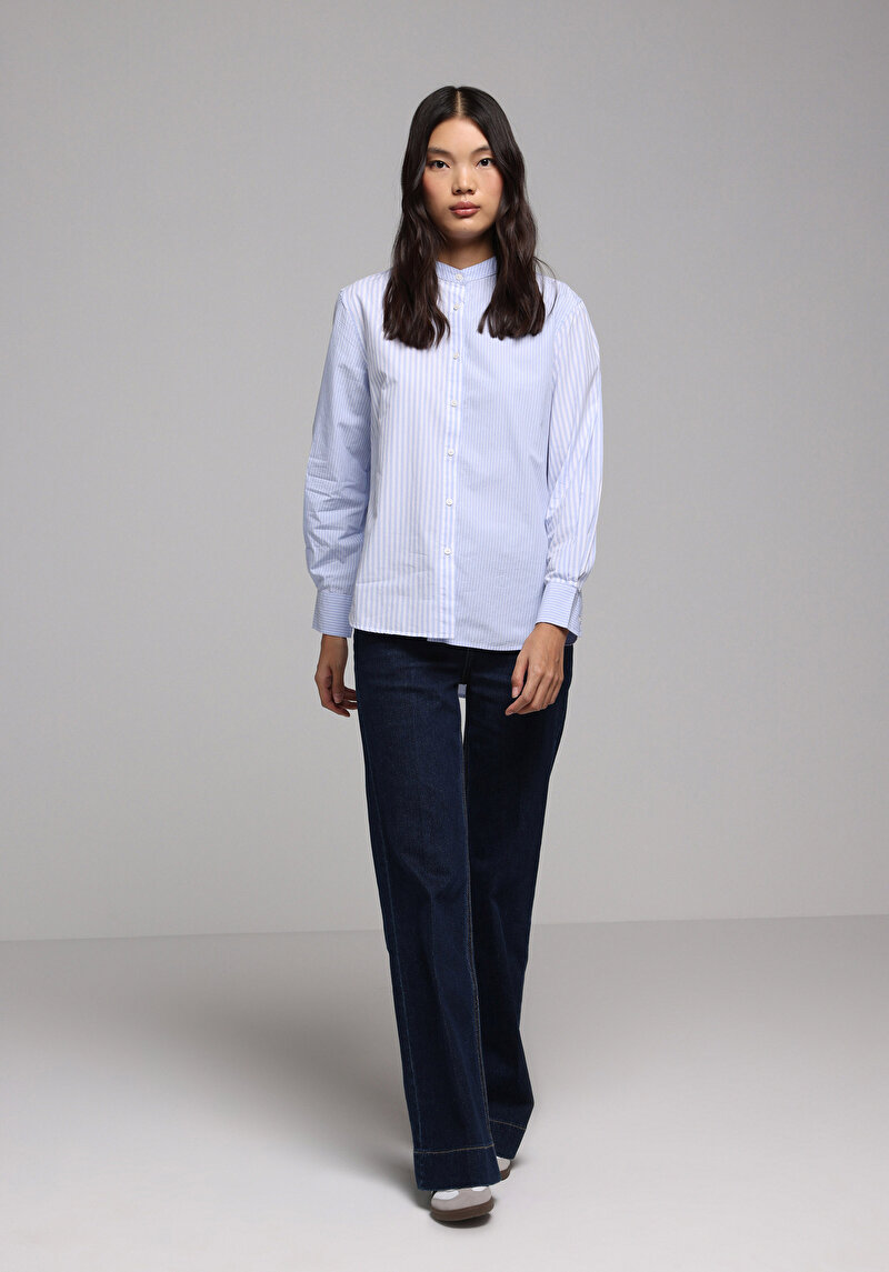 Fashion Fit Hakim Yaka Çizgili Kadın Mavi Uzun Kol Gömlek