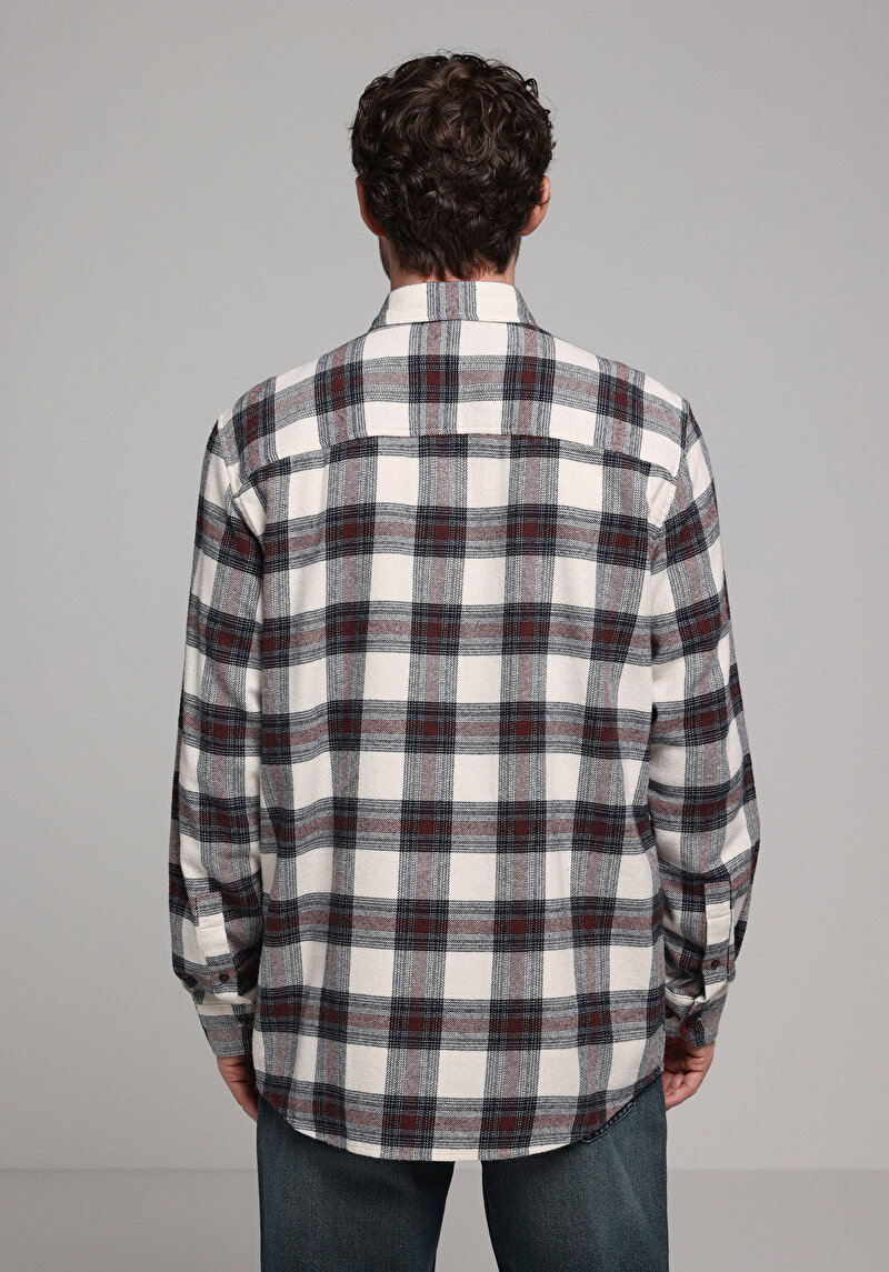 Comfort Fit Shirt Neck Ekoseli Erkek Bordo Uzun Kol Gömlek