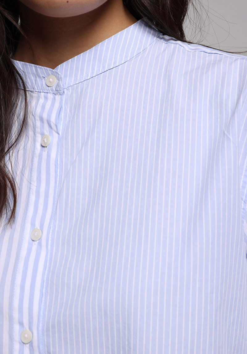 Fashion Fit Hakim Yaka Çizgili Kadın Mavi Uzun Kol Gömlek